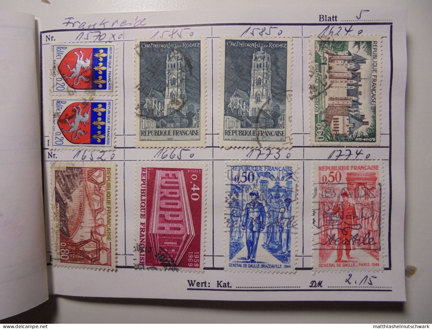Auswahlheft Nr. 445 20 Blätter 153 Briefmarken  Frankreich 1961-1977/Mi Nr. 1368-2058yA, unvollständig