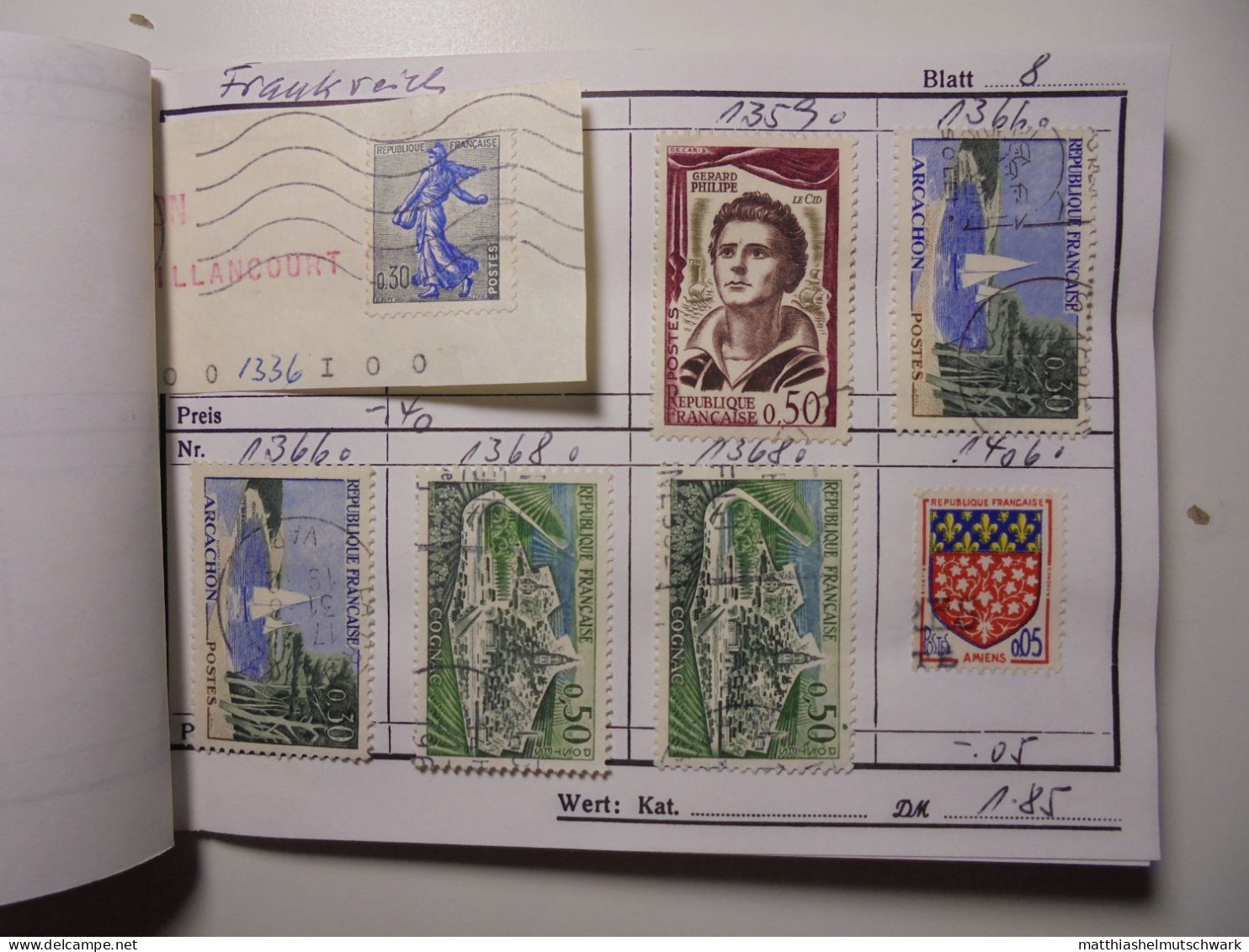 Auswahlheft Nr. 445 20 Blätter 153 Briefmarken  Frankreich 1961-1977/Mi Nr. 1368-2058yA, unvollständig