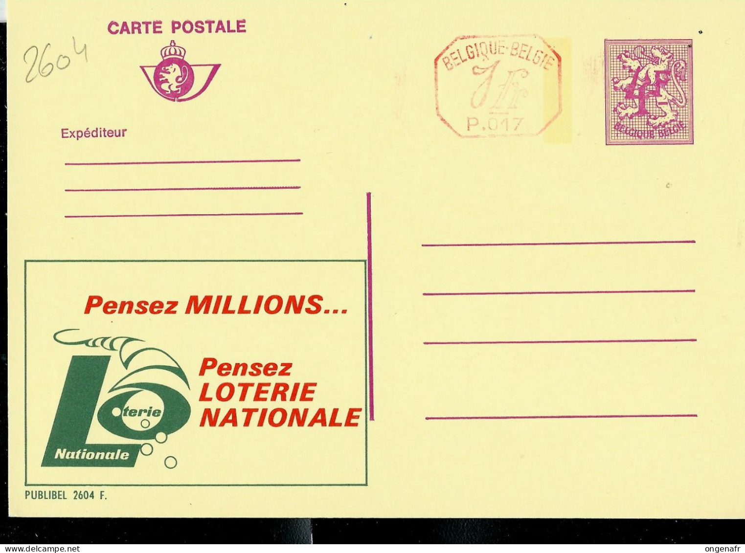 Publibel Neuve N° 2604 + P 017 ( Pensez Millions - Pensez Loterie Nationale ) - Werbepostkarten