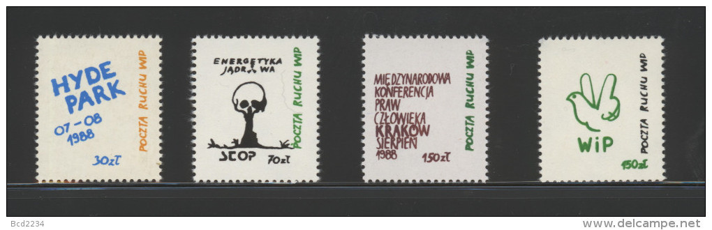 POLAND SOLIDARNOSC SOLIDARITY NIEZALEZNA POCZTA WIP INTERNATIONAL HUMAN RIGHTS SET OF 4 PEACE NUCLEAR ENERGY SKULL DOVE - Solidarnosc-Vignetten