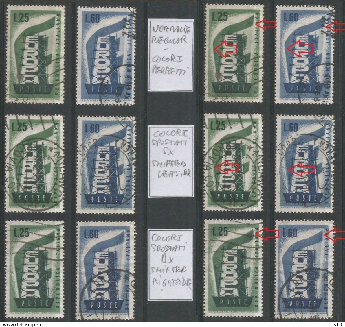 1956 Europa CEPT 2v Set Used . 1 Set Normal + 1 Set Colori Spostati A SX + 1 Set Colori Spostati A DX - 1946-60: Oblitérés