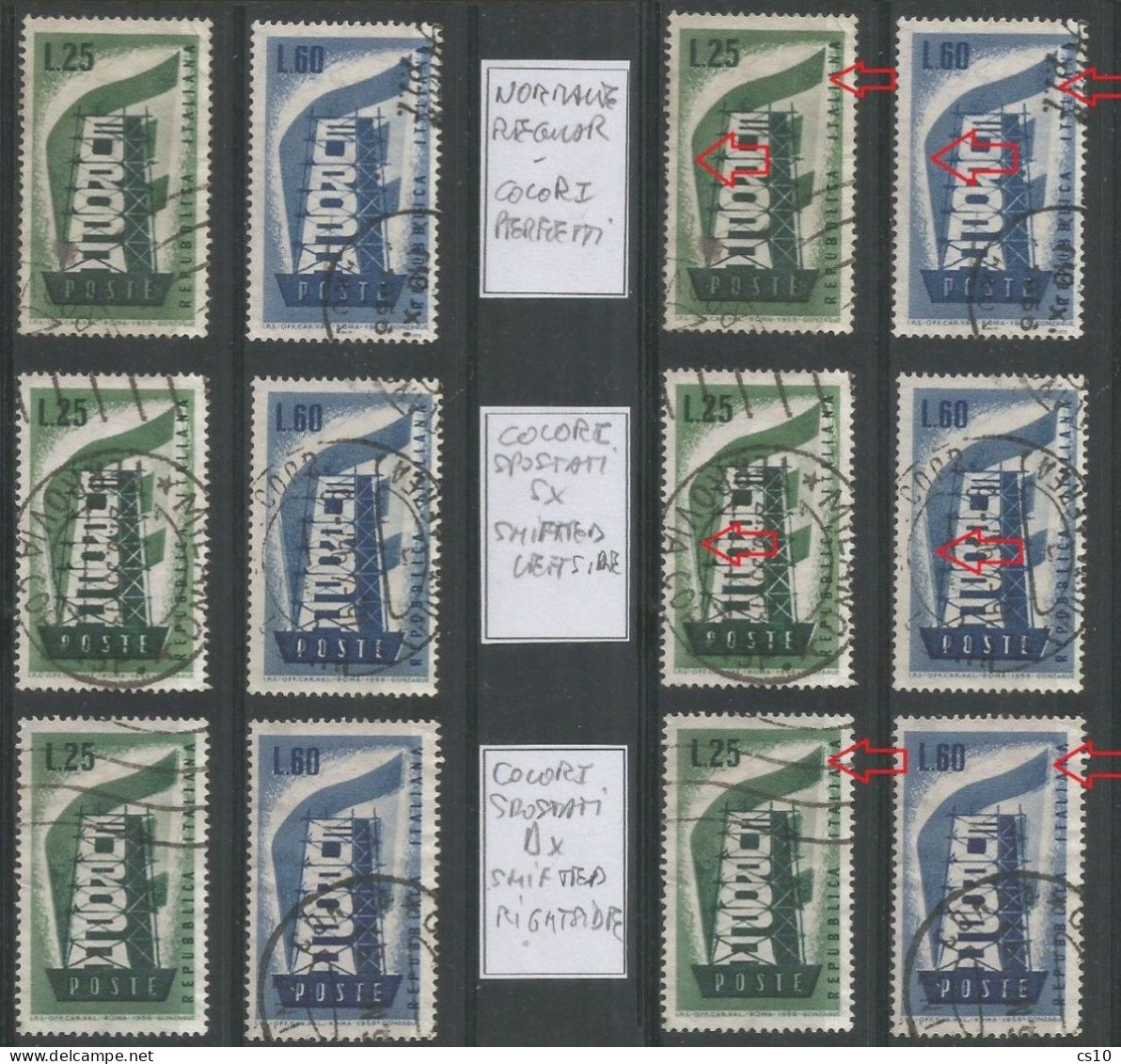 1956 Europa CEPT 2v Set Used . 1 Set Normal + 1 Set Colori Spostati A SX + 1 Set Colori Spostati A DX - Abarten Und Kuriositäten