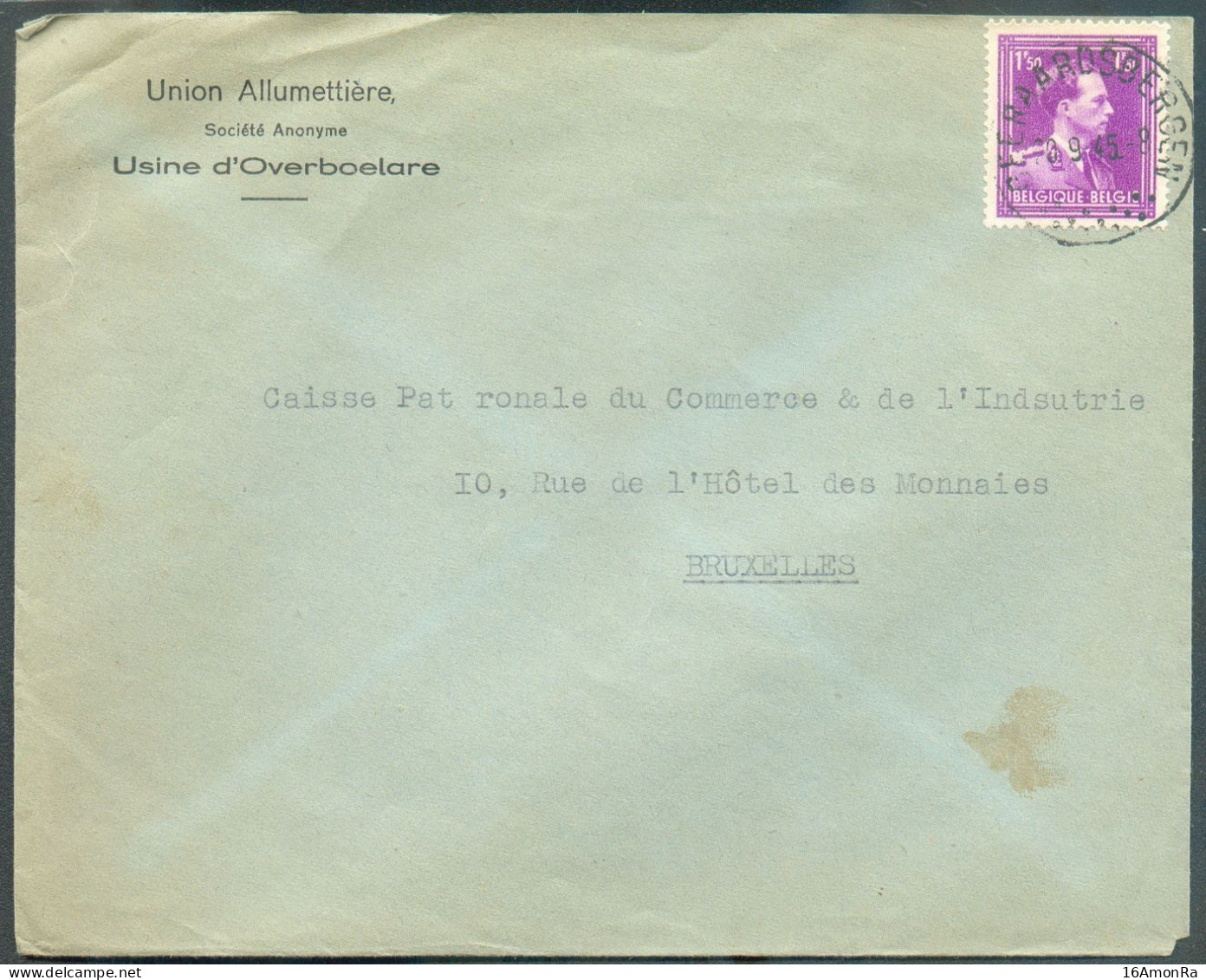 1Fr.50 LEOPOLD III Col Ouvert Obl. Sc GERAARDSBERGEN Sur Lettre (Union Allumettière (LUCIFER MATCHES) Usine D'Overboelar - 1936-1957 Collar Abierto