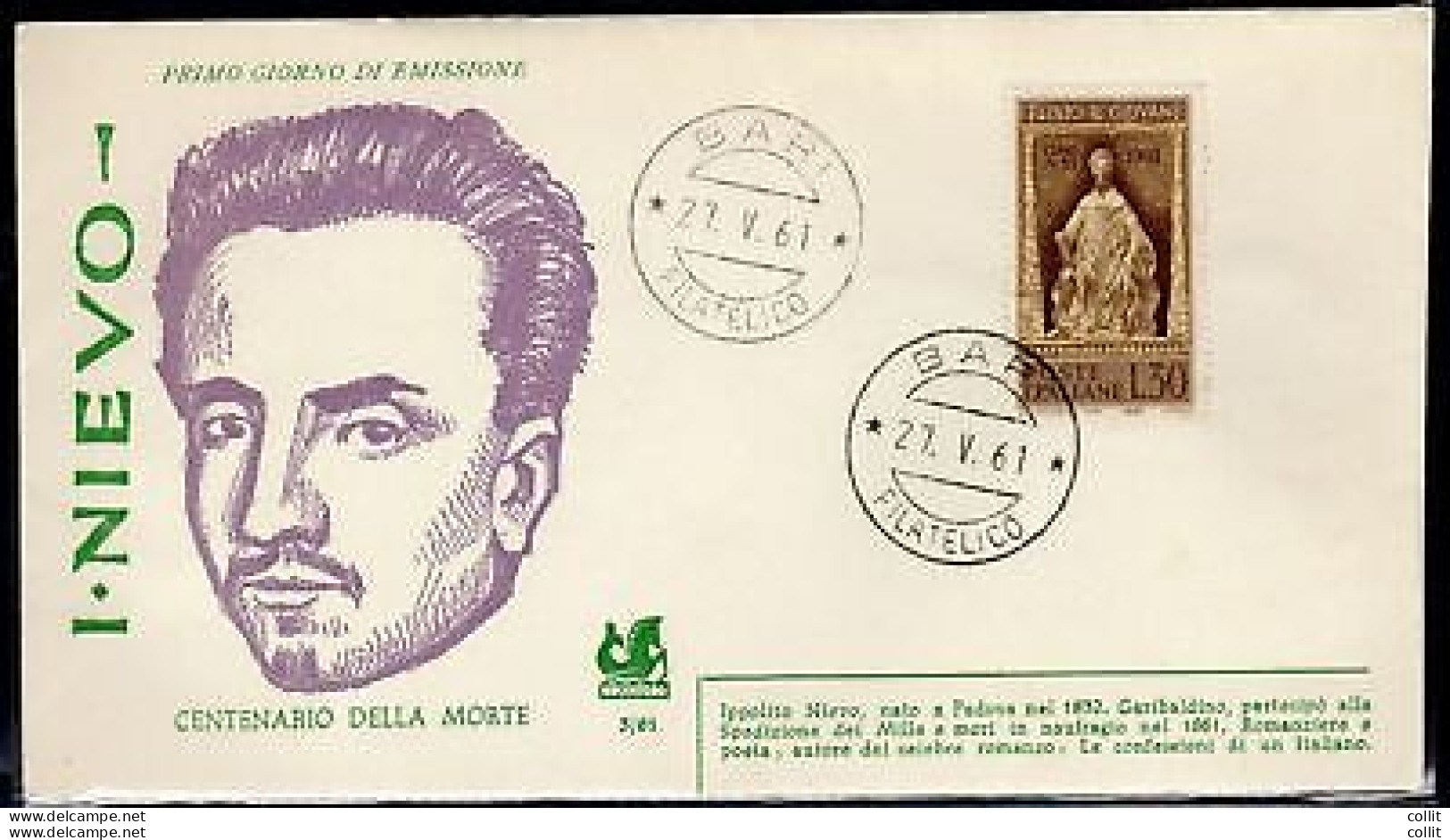 Italia FDC Bucintoro 1961 Nievo Affrancata Con Plinio - FDC