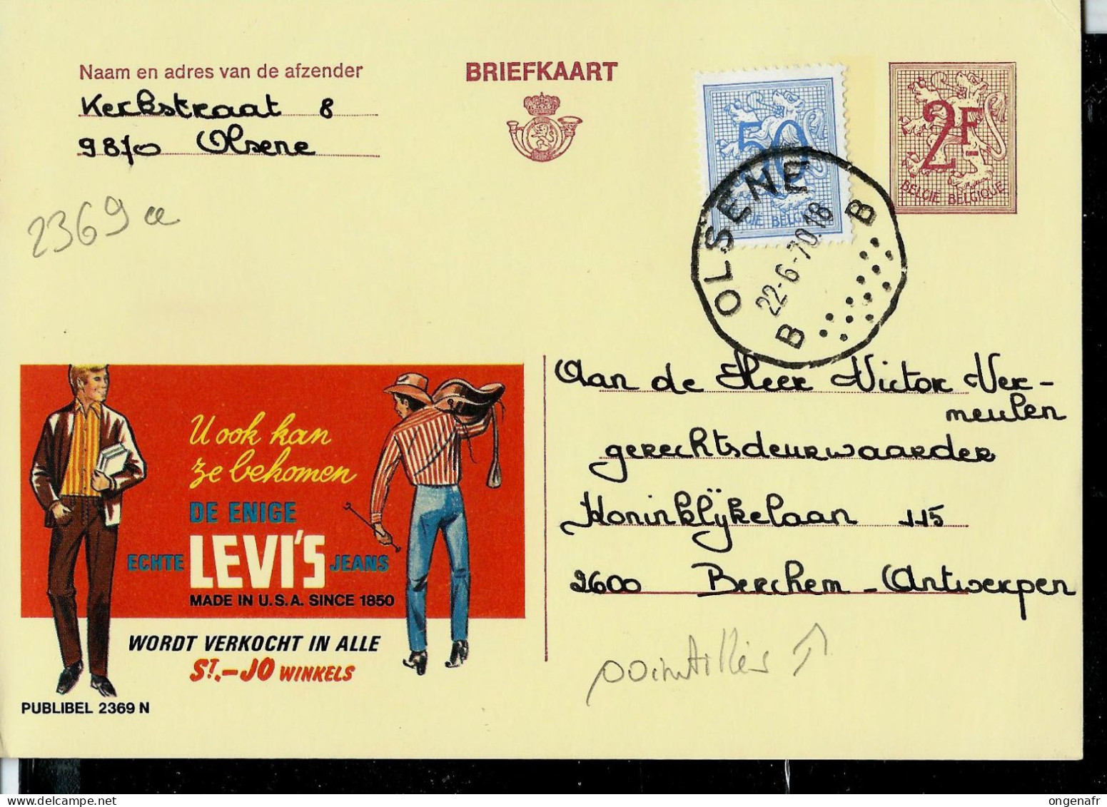 Publibel Obl. N° 2369a (lignes Pointillés) ( Jeans - LEVIS - Cow-boy -selle-cuir) Obl. OLSENE - B B - 22/06/70 - Publibels