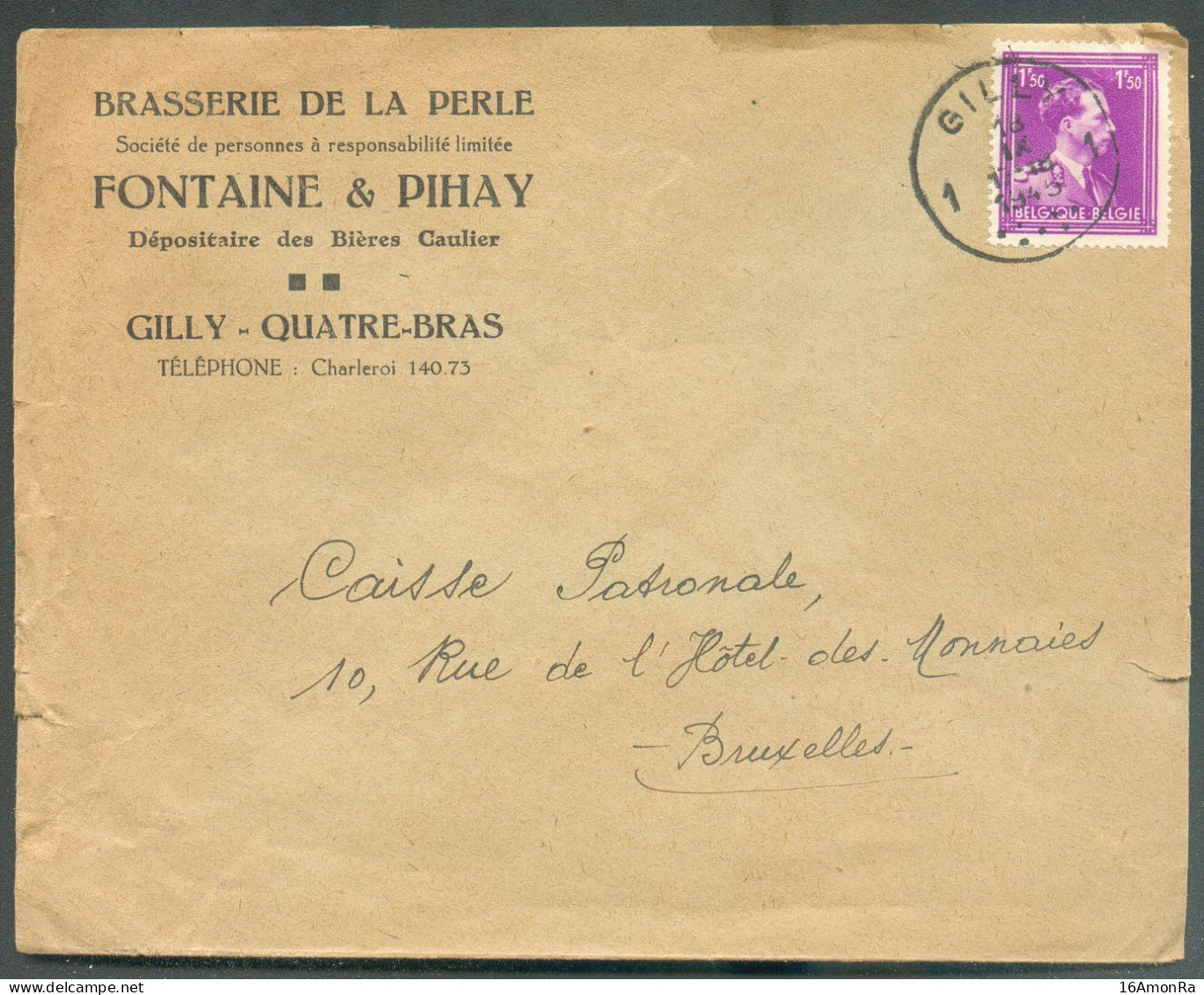 1Fr.50 LEOPOLD III Col Ouvert Obl. Sc GILLY 1 Sur Lettre (BRASSERIE De La PERLE FONTAINE & PIHAY BIERES GAULIER (BEER BI - 1936-1957 Collar Abierto