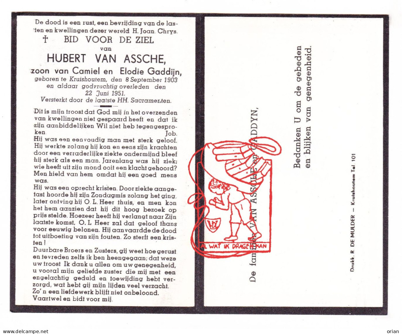 DP Hubert Van Assche / Gaddijn 47j. ° Kruishoutem 1903 † 1951 - Images Religieuses