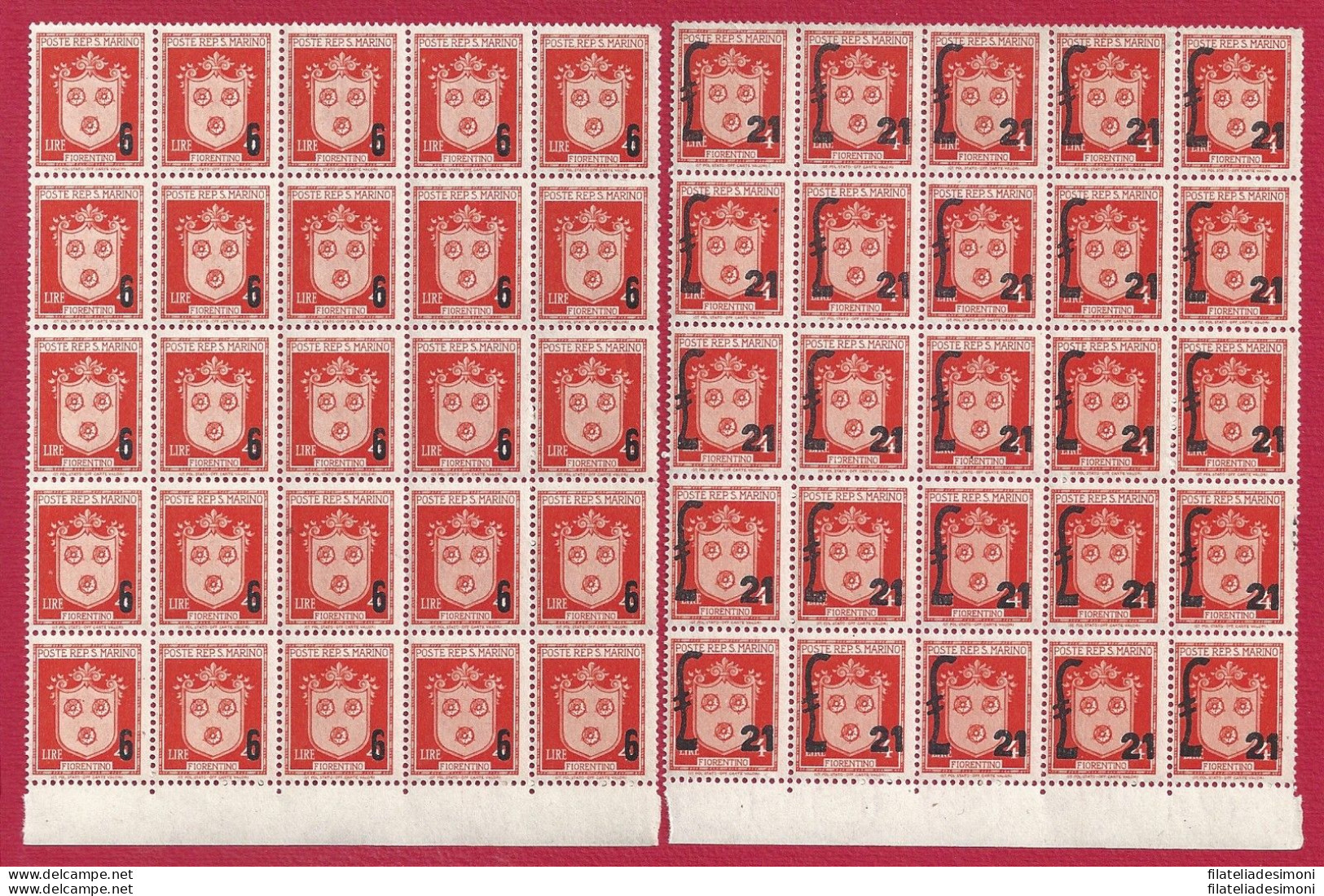 1947 SAN MARINO, N° 310/311 Stemmi Con Sovrastampa MNH/** BLOCCO DI 25 - Sonstige & Ohne Zuordnung