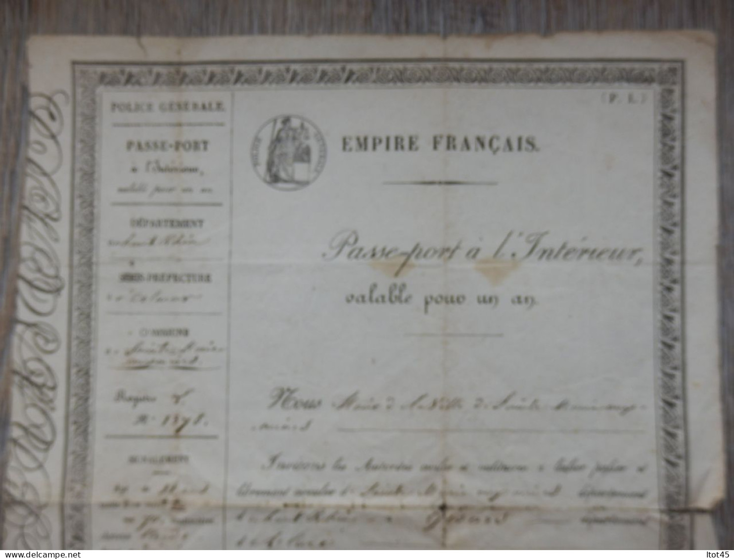 PASSEPORT INTERIEUR EMPIRE FRANCAIS MAIRIE DE SAINTE-MARIE-AUX-MINES 1858 - Historische Dokumente