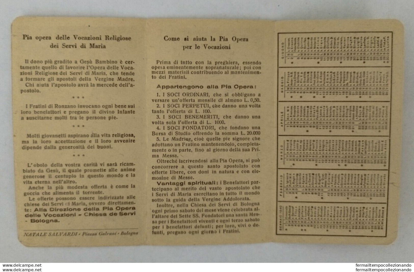 Aq558 Ronzano Bologna Calendarietto Religioso 1940 - Teramo