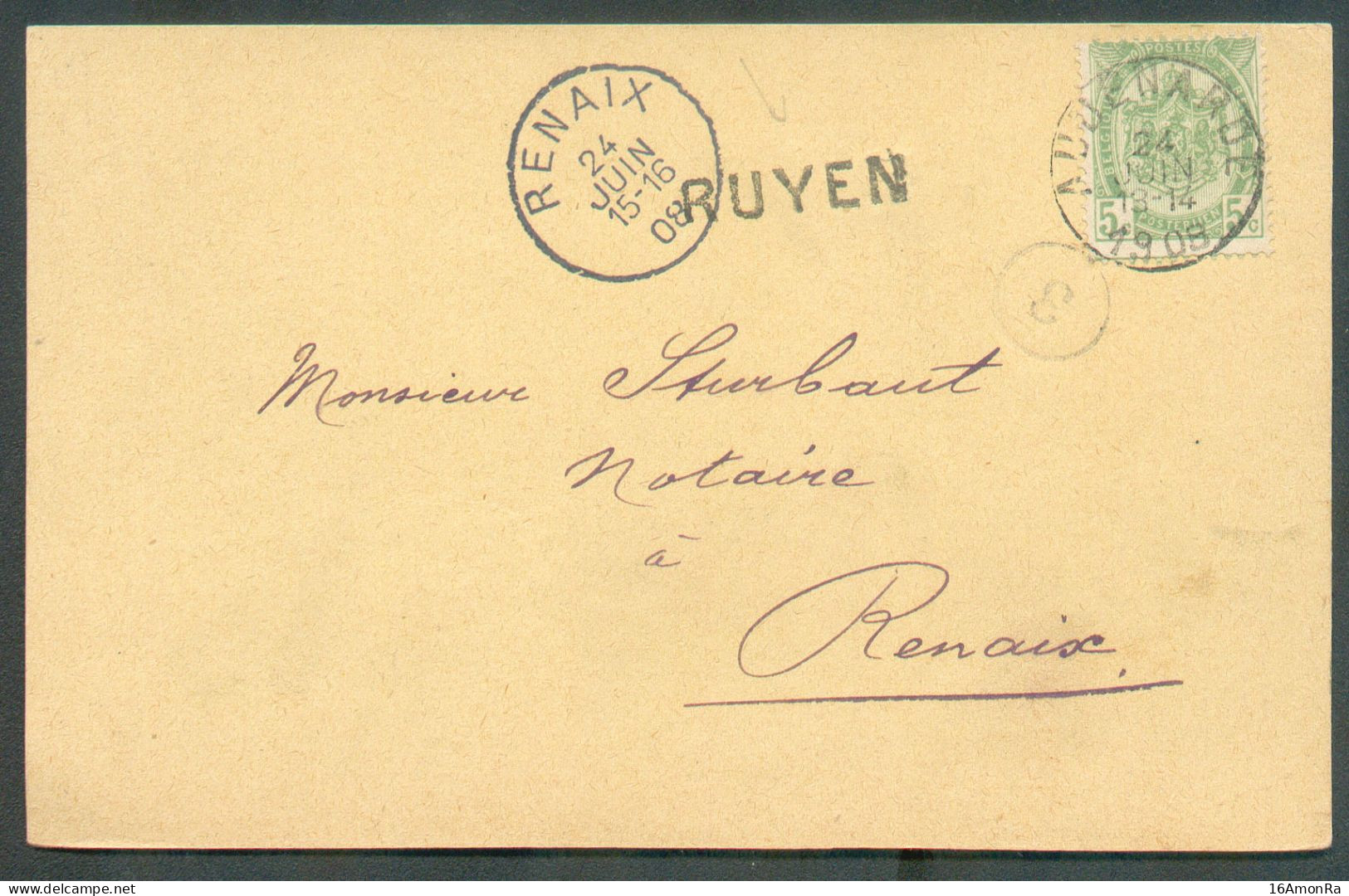 5c. Armoirie Obl. Sc AUDENAERDE Sur C.P. Du 24 Juin 1908 + Griffe RUYEN Vers Renaix.  - 22122 - Langstempel