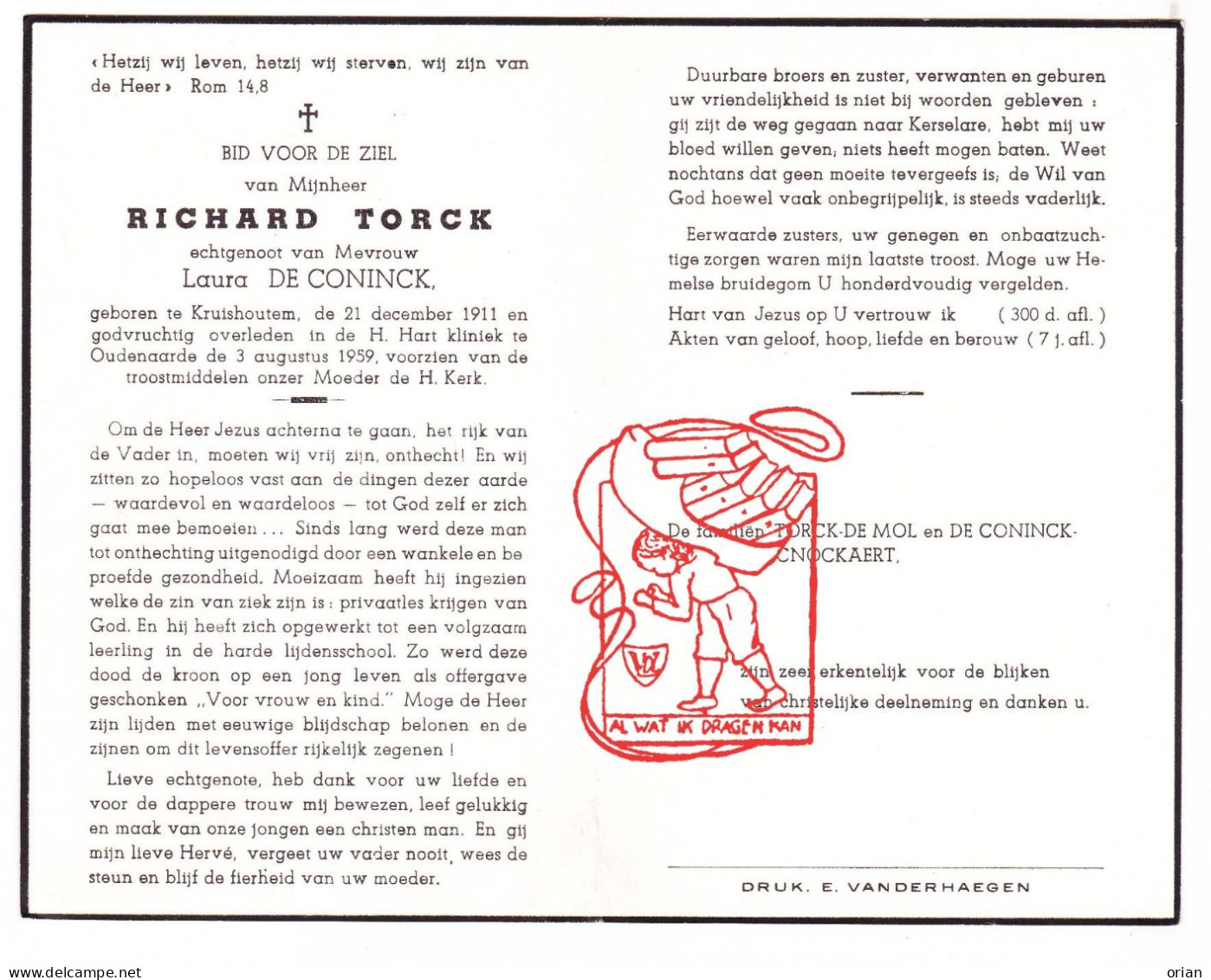 DP Richard Torck ° Kruishoutem 1911 † Oudenaarde 1959 X Laura De Coninck // De Mol Cnockaert - Images Religieuses