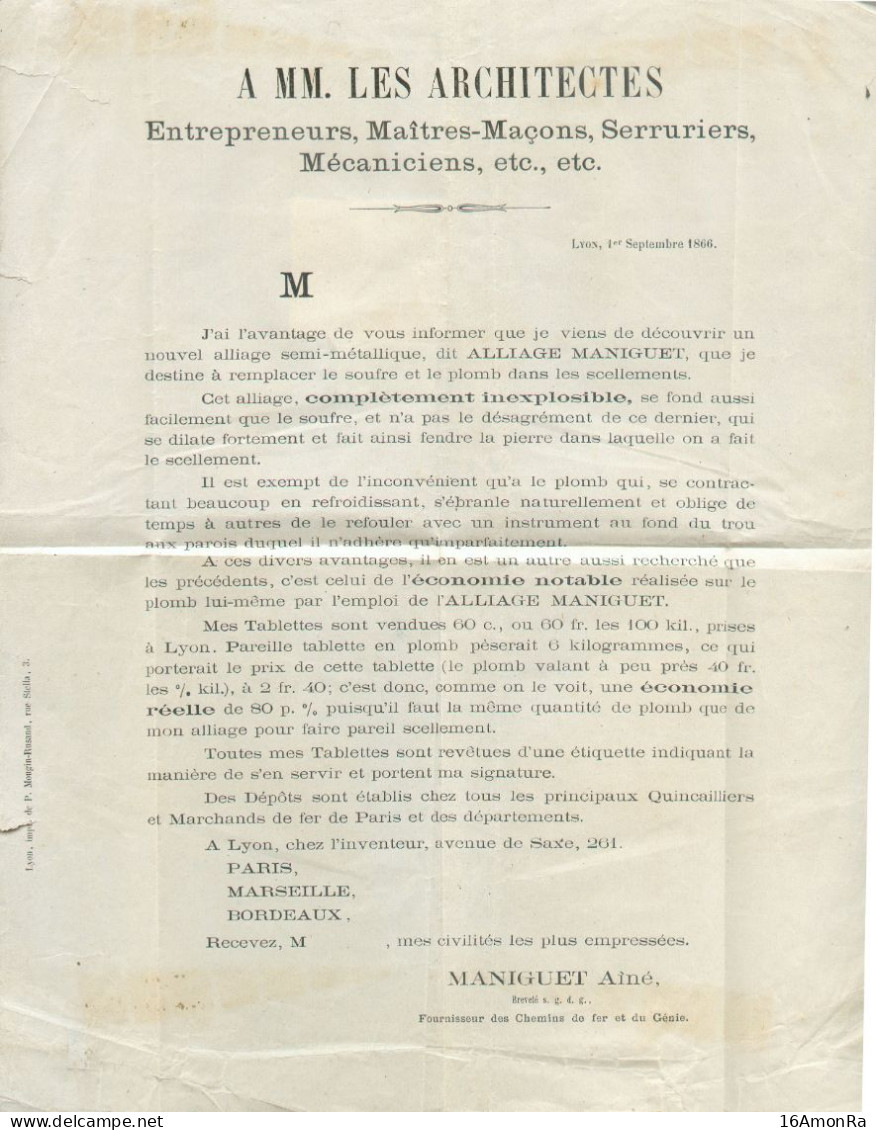 N°19 - NAPOLEON 1 C. Mordoré Obl. Dc LYON Sur Imprimé (Les ARCHITECTES Entrepreneurs Maîtres-Maçons, Serruriers, …) Sous - 1862 Napoléon III