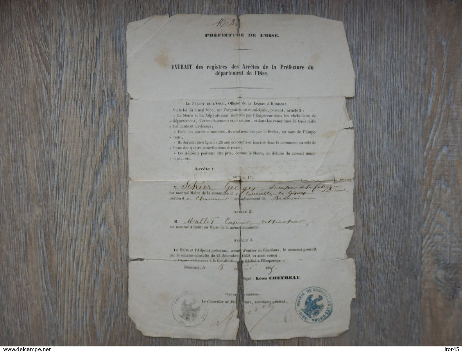 PREFECTURE DE L'OISE NOMINATION MAIRE DE COURCELLES-LES-GISORS 1865 - Historische Dokumente