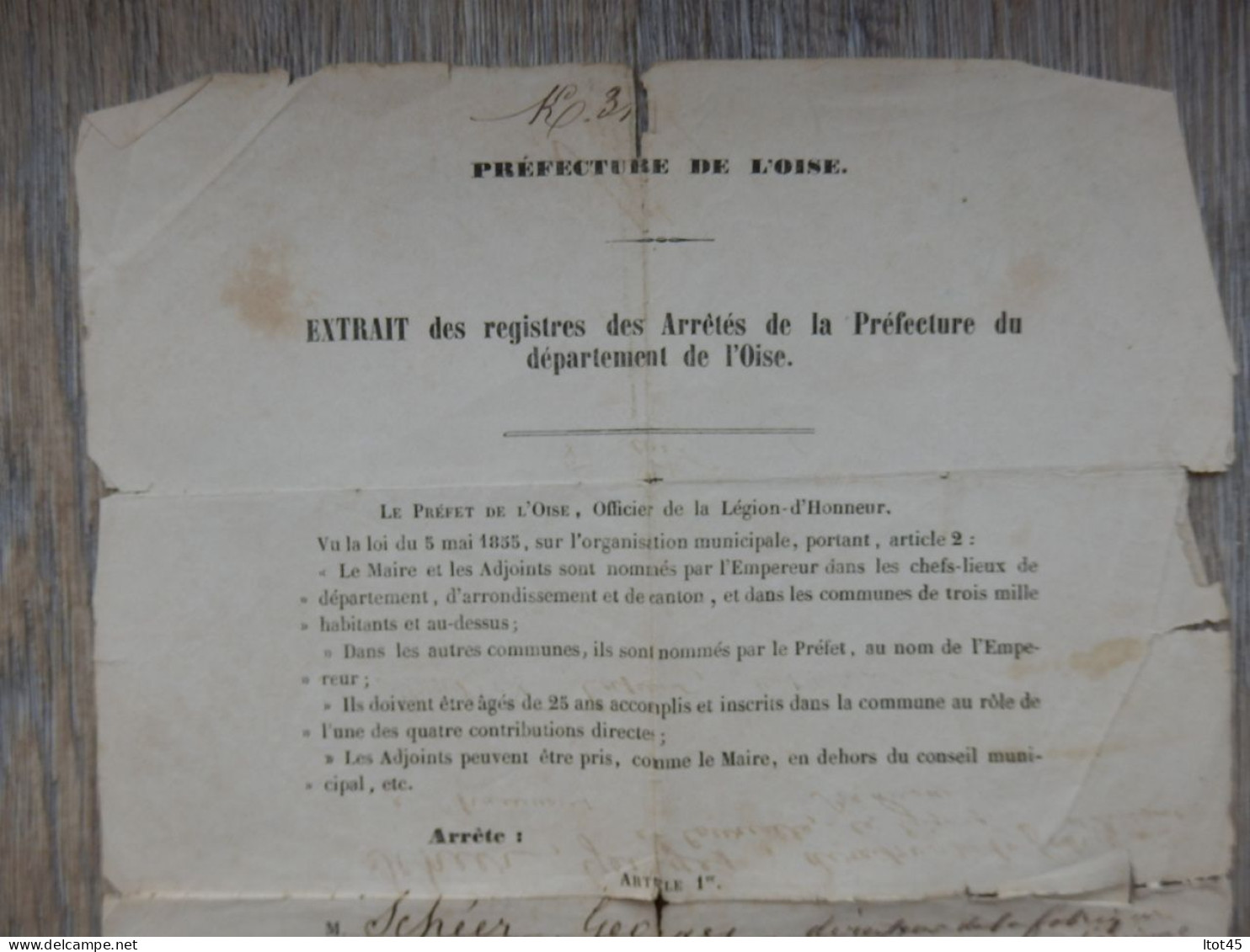 PREFECTURE DE L'OISE NOMINATION MAIRE DE COURCELLES-LES-GISORS 1865 - Historische Dokumente