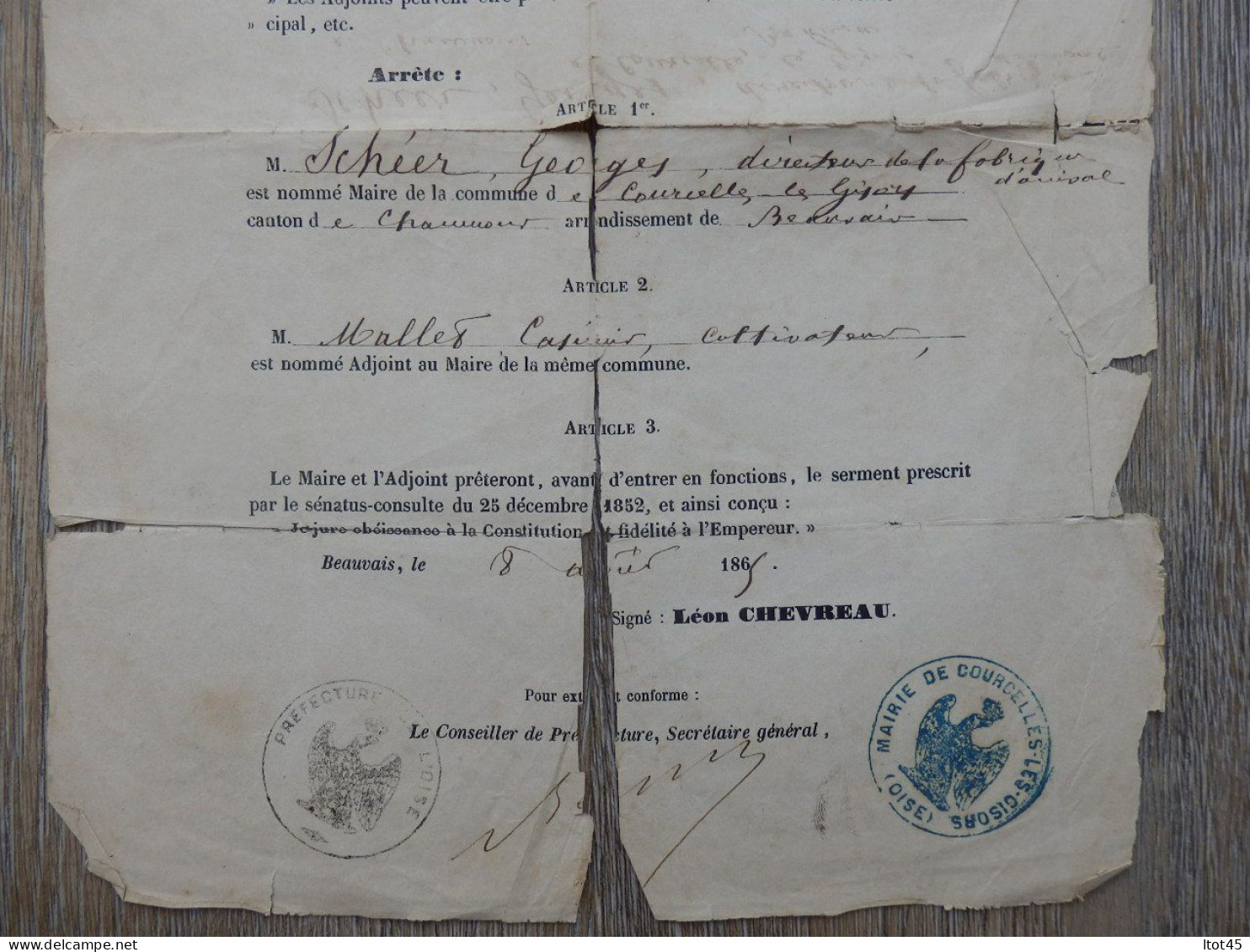 PREFECTURE DE L'OISE NOMINATION MAIRE DE COURCELLES-LES-GISORS 1865 - Historische Dokumente