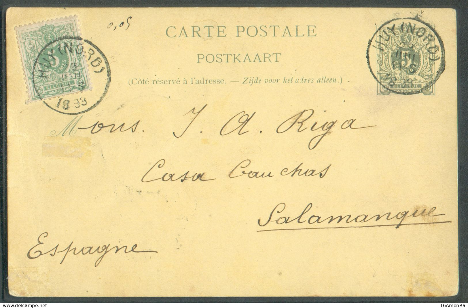 N°45 En Complément Sur E.P. Carte 5c. Obl. Sc HUY (NORD) 29 Juillet 1893 Vers Salamanque (Espagne)  - 22125 - Briefkaarten 1871-1909