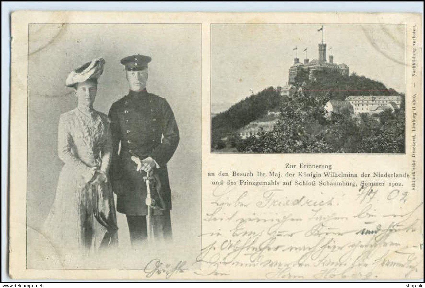W3T38/ Königin Wilhelmina Der Niederlande Auf Schloß Schaumburg AK 1902 - Royal Families