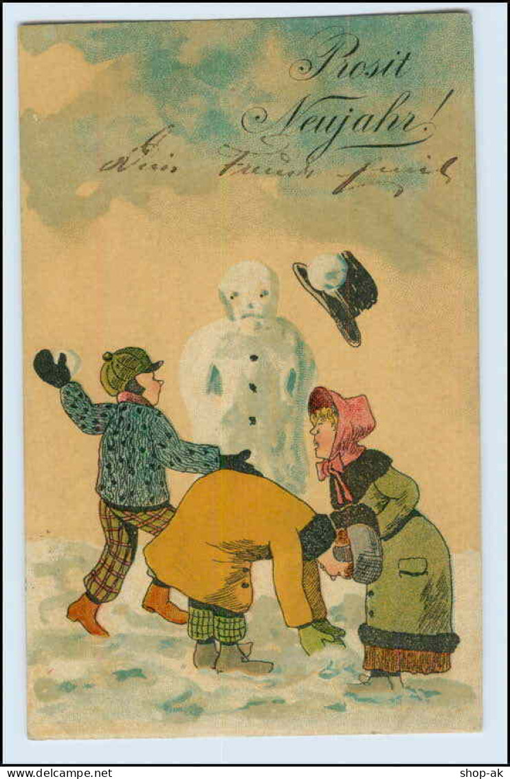 W1D99/ Neujahr Schneemann Kinder Tolle Litho Künstler AK - New Year