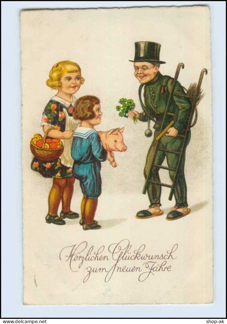W8S77/ Neujahr Schornsteinfeger Kinder Mit Schwein  Litho AK 1933 - New Year