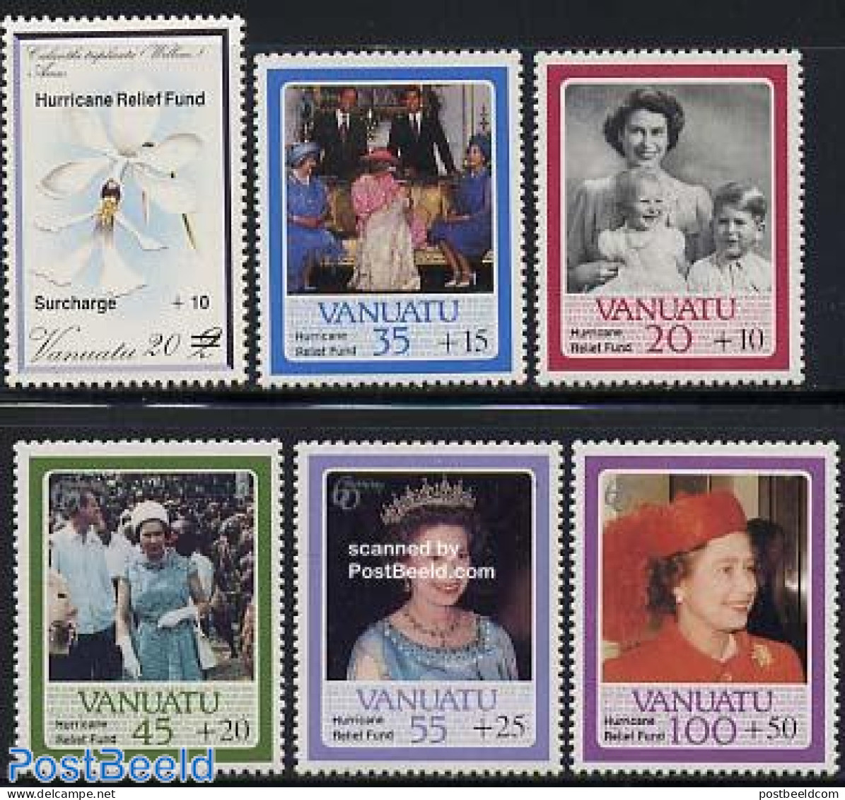 Vanuatu 1987 Hurricane Relief Overprints 6v, Mint NH, History - Nature - Kings & Queens (Royalty) - Orchids - Disasters - Familles Royales