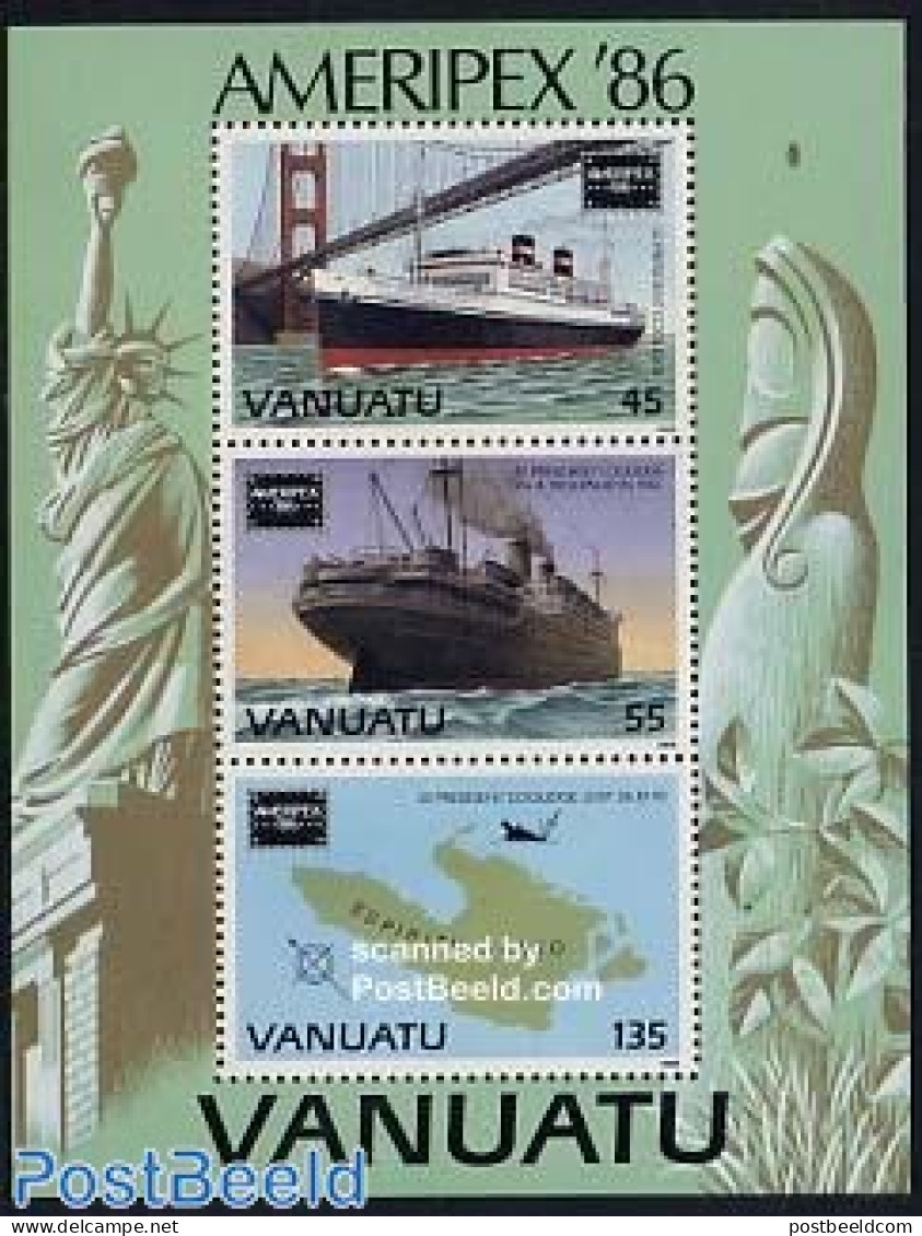 Vanuatu 1986 Ameripex S/s, Mint NH, Transport - Various - Philately - Ships And Boats - Maps - Art - Bridges And Tunnels - Ships