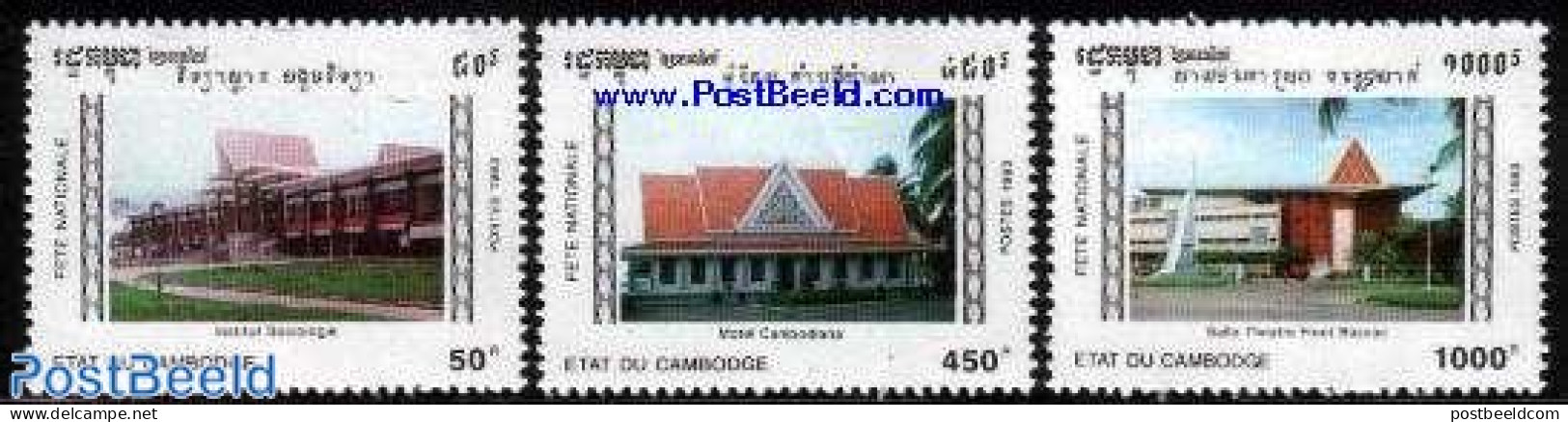 Cambodia 1993 National Day 3v, Mint NH, Performance Art - Various - Theatre - Hotels - Art - Architecture - Modern Arc.. - Teatro