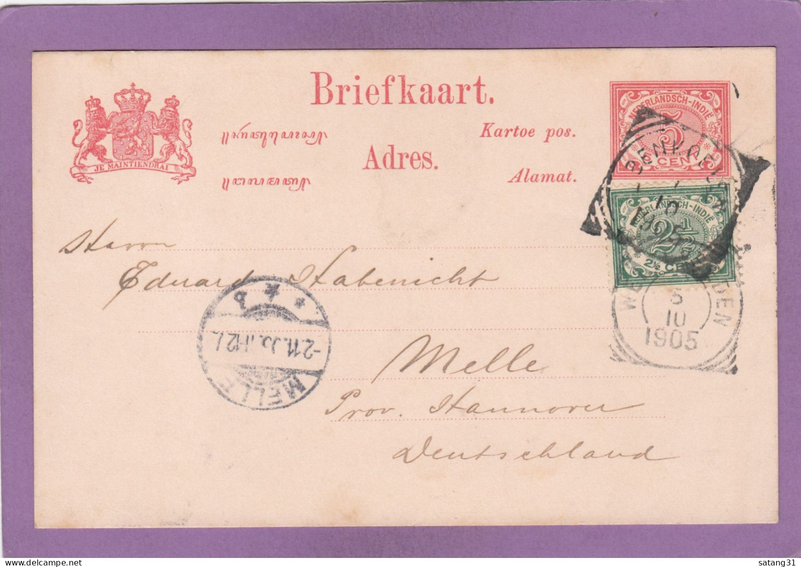 ENTIER POSTAL AVEC AFFRANCHISSEMENT COMPLEMENTAIRE  DE BENKOELEN POUR L'ALLEMAGNE,VIA WELTVREDEN,1905. - Niederländisch-Indien