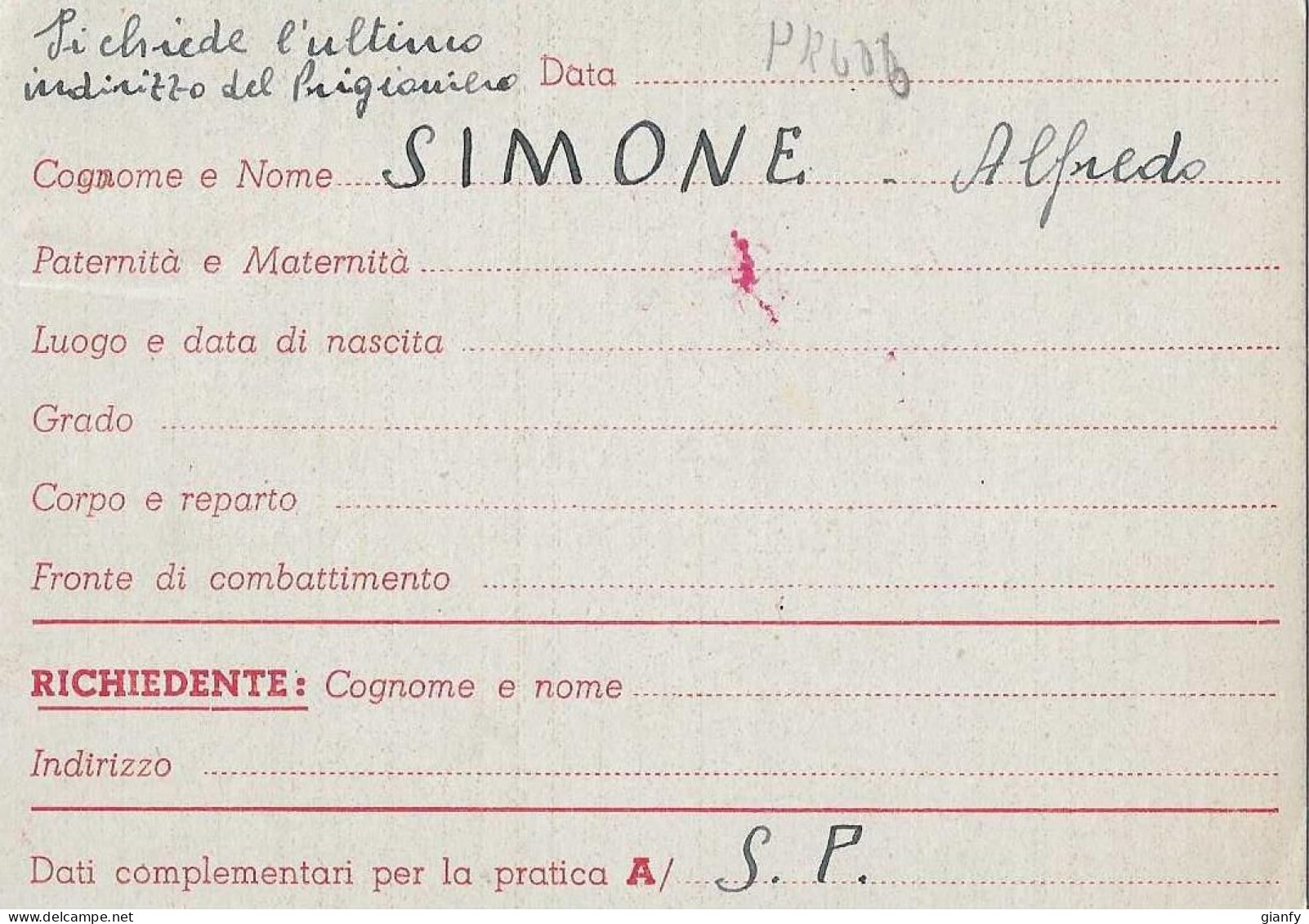 CROCE ROSSA ITALIANA RICHIESTA NOTIZIE PRIGIONIERO POW - Poste Militaire (PM)