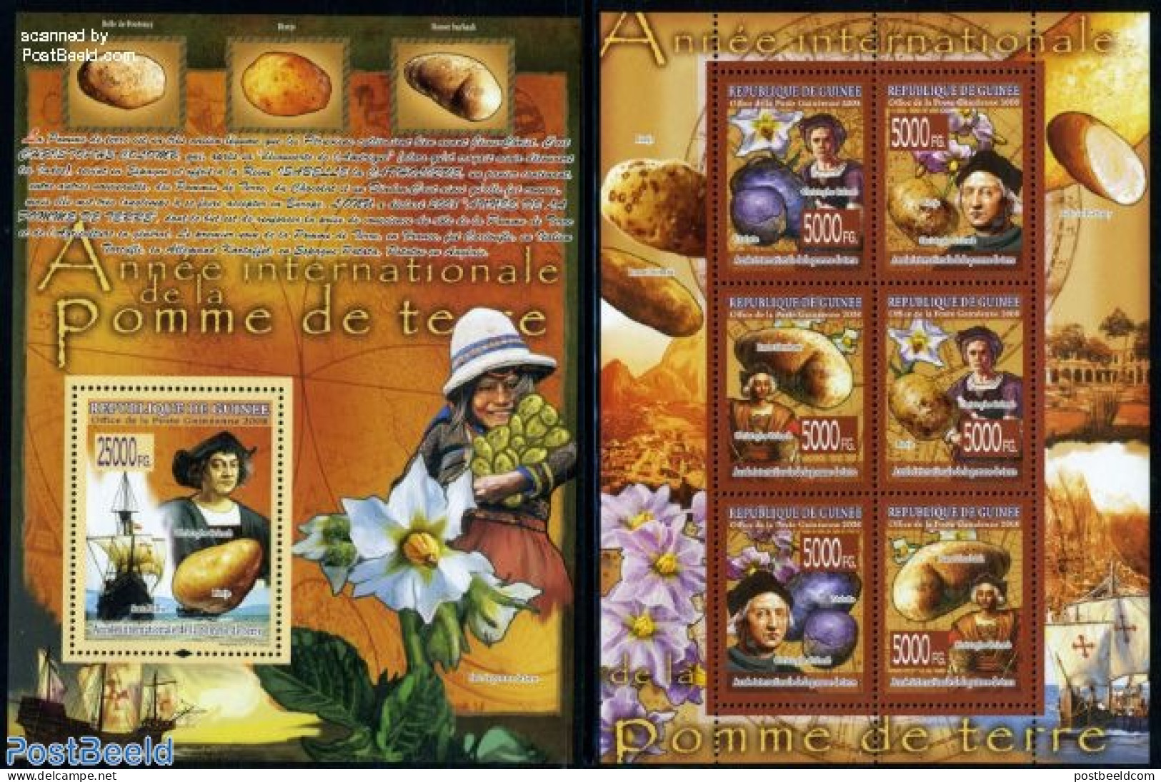 Guinea, Republic 2008 Int. Year Of The Potato 7v (2 S/s), Mint NH, Health - History - Transport - Food & Drink - Explo.. - Alimentation