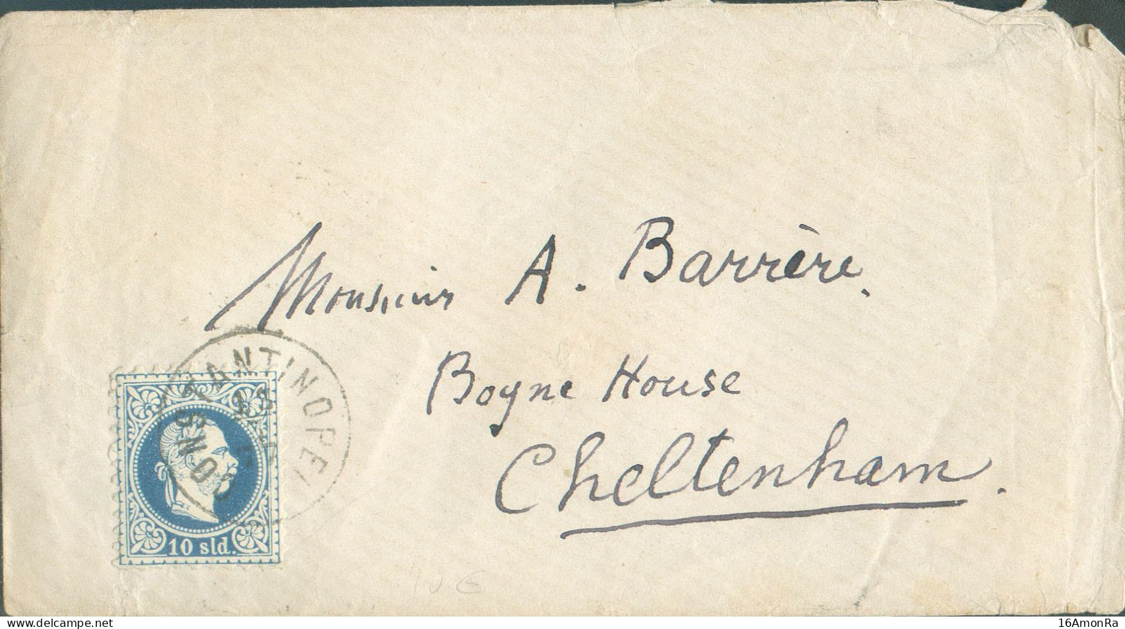 10 Soldi Bleu, Obl. Sc CONSTANTINOPEL Sur Enveloppe Du 13-3-1877 Vers Cheltenham (GB)  TB Frappe -  22127 - Levant Autrichien