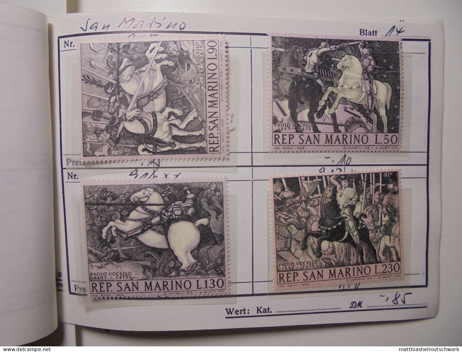 Auswahlheft Nr. 964 10 Blätter 66 Briefmarken xx San Marino 1947-1957/Mi Nr. 380-569, unvollständig Ca.