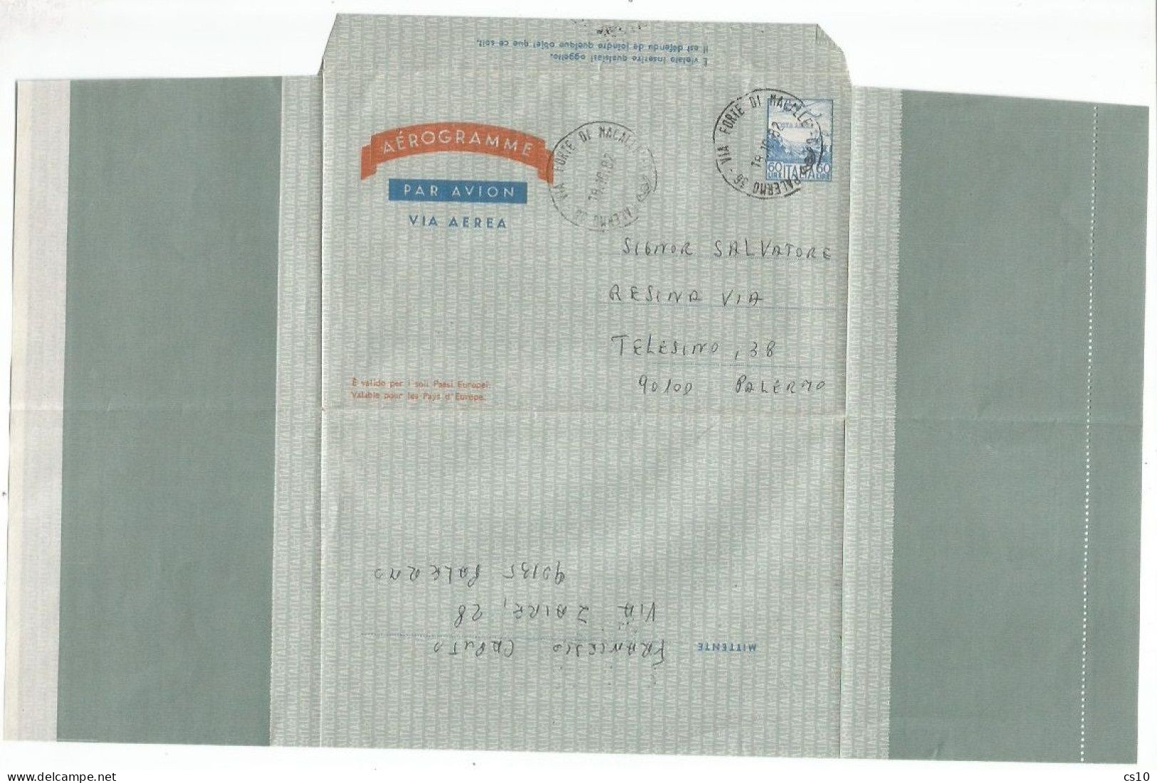 1960 Aerogramma Aerogramme #A3 Lire 60 Azzurro  Palermo 18ott1982 Uso Interno - Luftpost