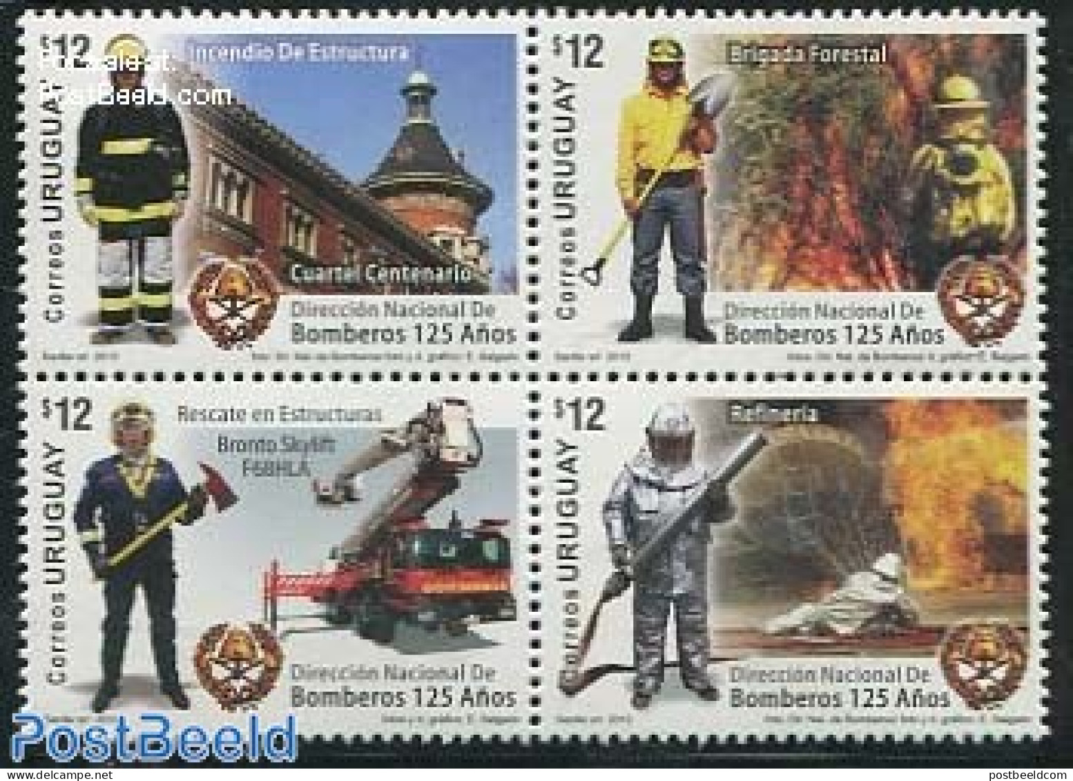 Uruguay 2012 125 Years Fire Brigade 4v [+], Mint NH, Transport - Automobiles - Fire Fighters & Prevention - Autos