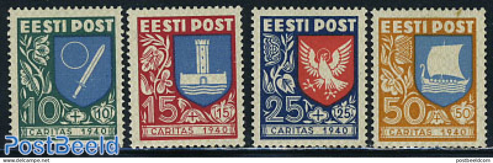 Estonia 1940 Coat Of Arms 4v, Unused (hinged), History - Nature - Transport - Coat Of Arms - Flowers & Plants - Ships .. - Ships