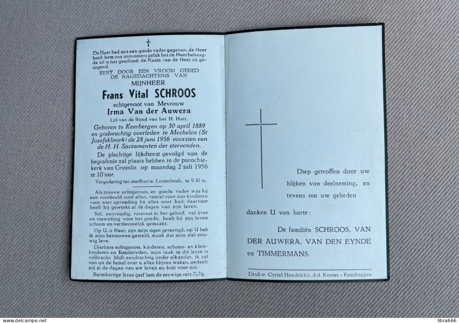 SCHROOS Frans Vital °KEERBERGEN 1889 +MECHELEN 1956 - VAN DER AUWERA - VAN DEN EYNDE - TIMMERMANS - Grootlo - Obituary Notices