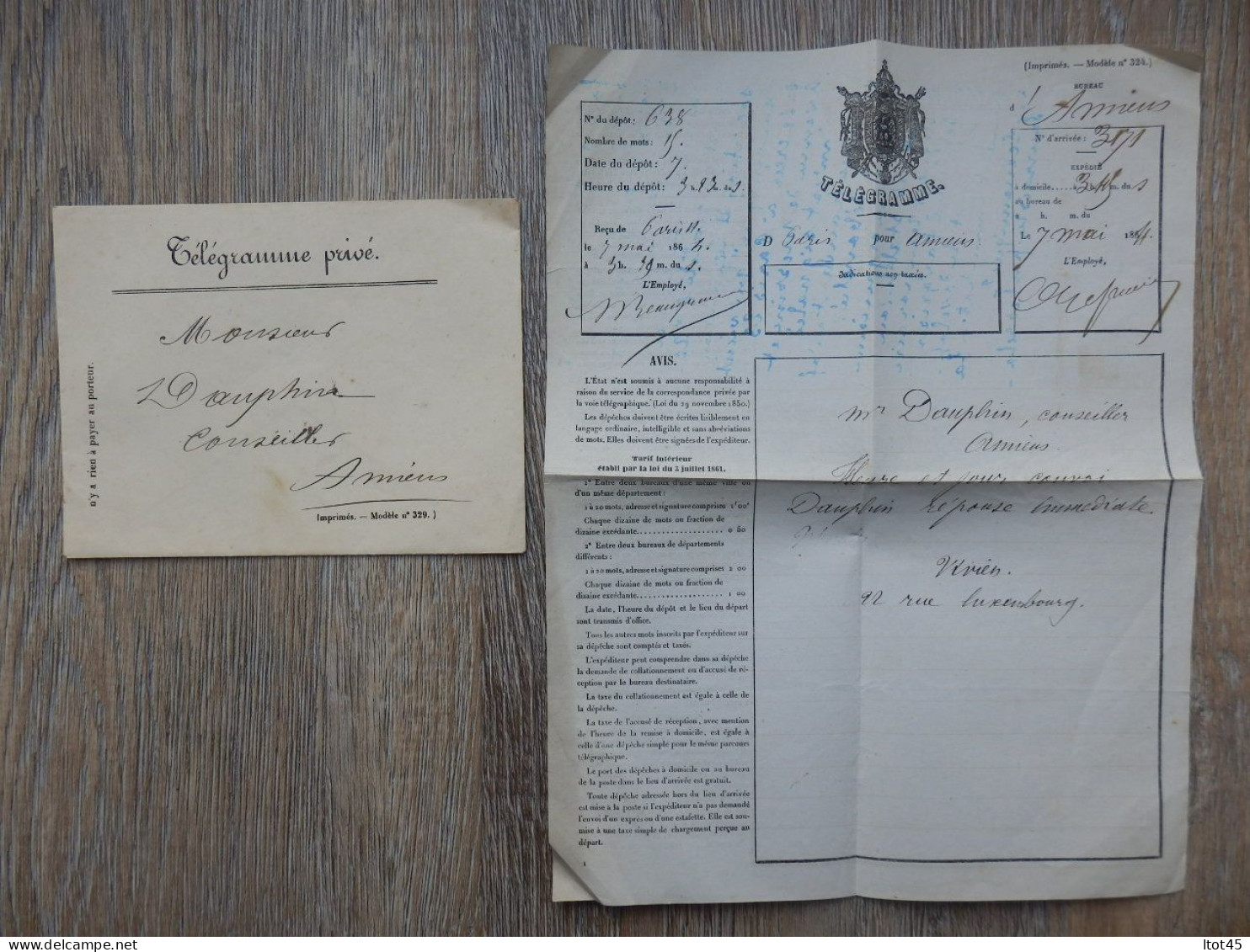 TELEGRAMME PRIVE AVEC ENVELOPPE DE PARIS POUR AMIENS 7 MAI 1864 - Telegramas Y Teléfonos