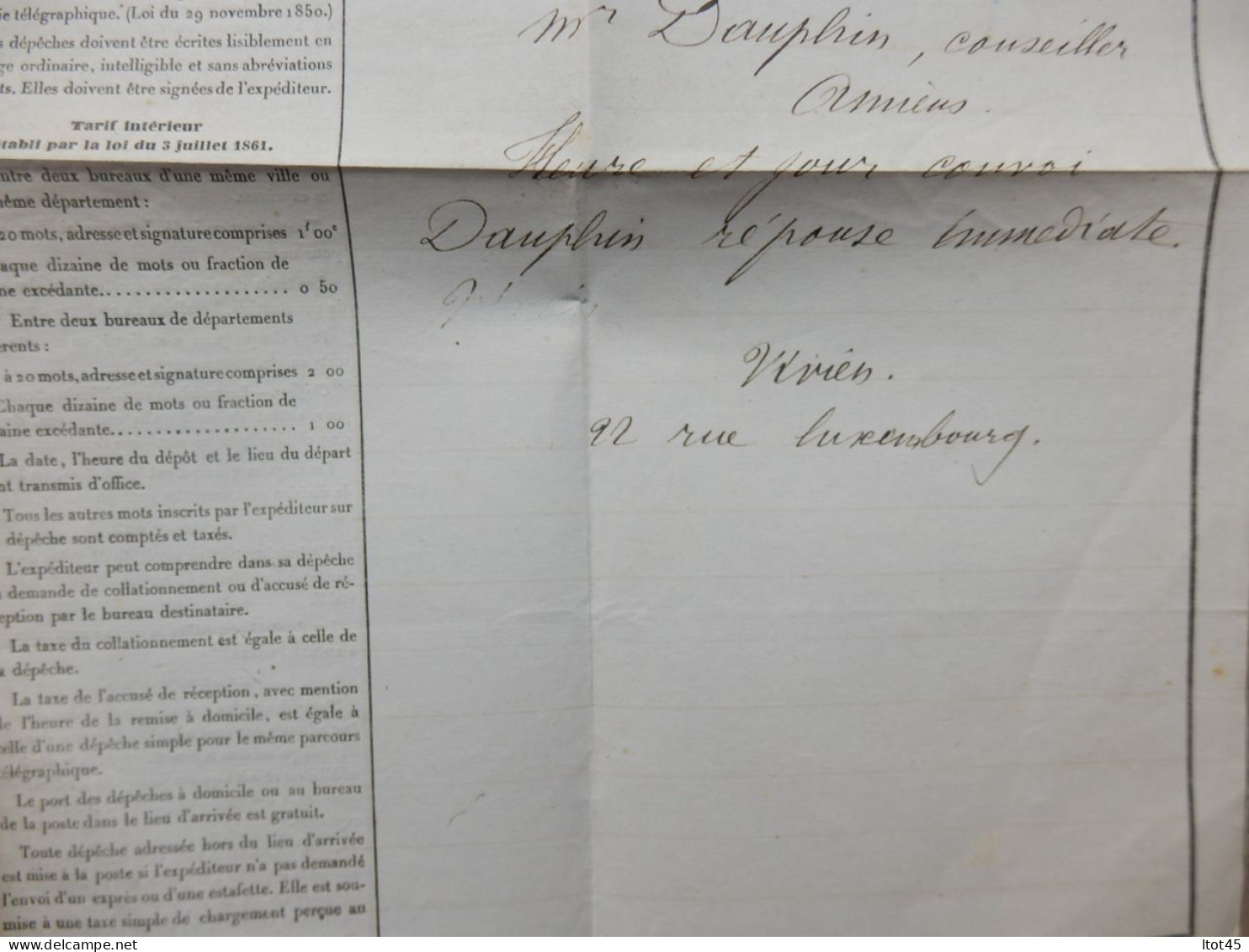 TELEGRAMME PRIVE AVEC ENVELOPPE DE PARIS POUR AMIENS 7 MAI 1864 - Télégraphes Et Téléphones