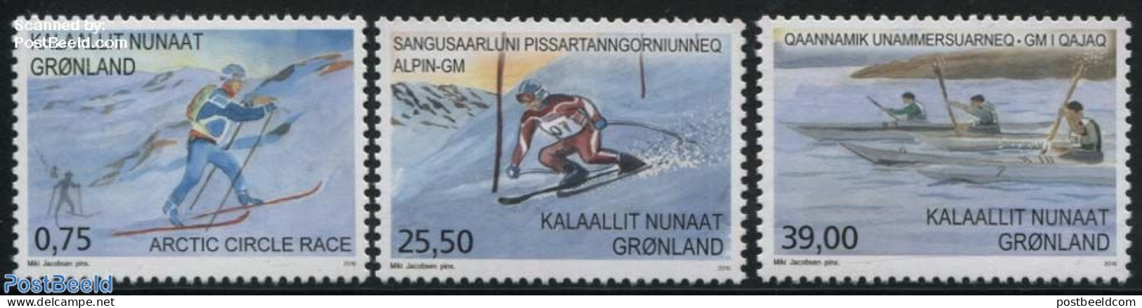 Greenland 2016 Sports 3v, Mint NH, Sport - Transport - Kayaks & Rowing - Skiing - Sport (other And Mixed) - Ships And .. - Ongebruikt