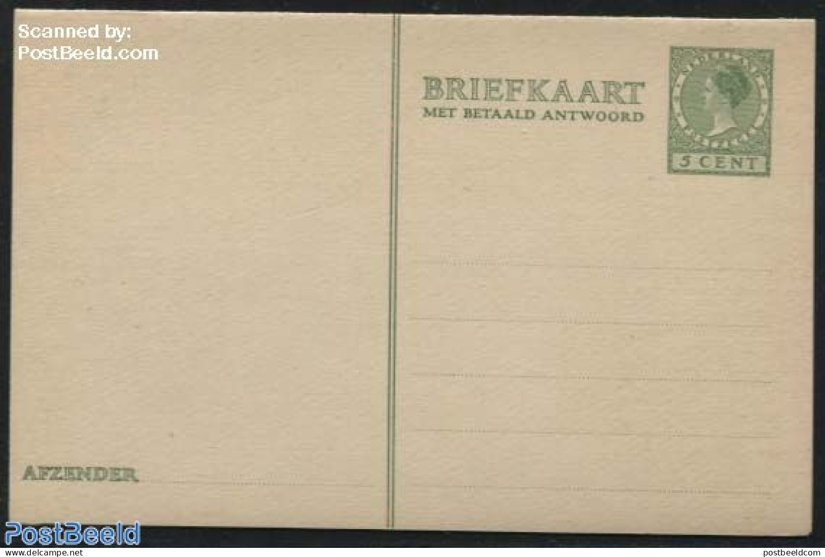 Netherlands 1926 Reply Paid Postcard 5c+5c Green (1 AFZENDER Line), Unused Postal Stationary - Cartas & Documentos