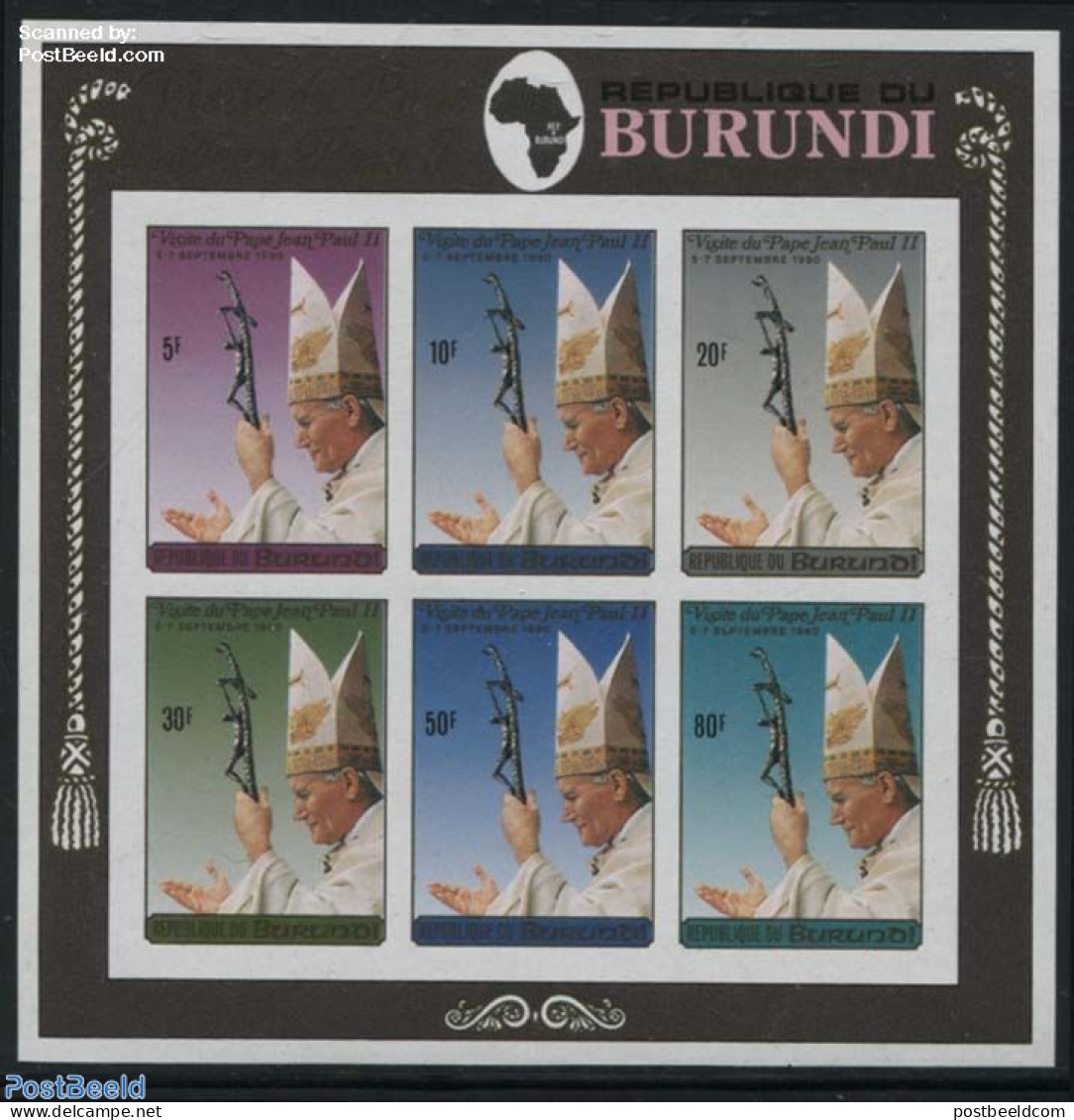 Burundi 1990 Popes Visit S/s, Imperforated, Mint NH, Religion - Pope - Religion - Popes