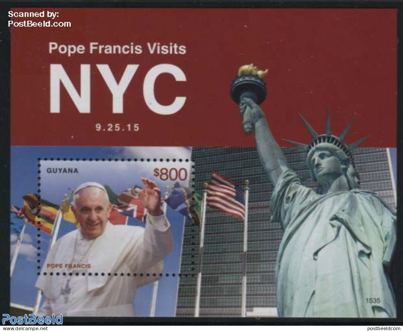 Guyana 2015 Pope Francis Visits NYC S/s, Mint NH, History - Religion - Flags - United Nations - Pope - Papes