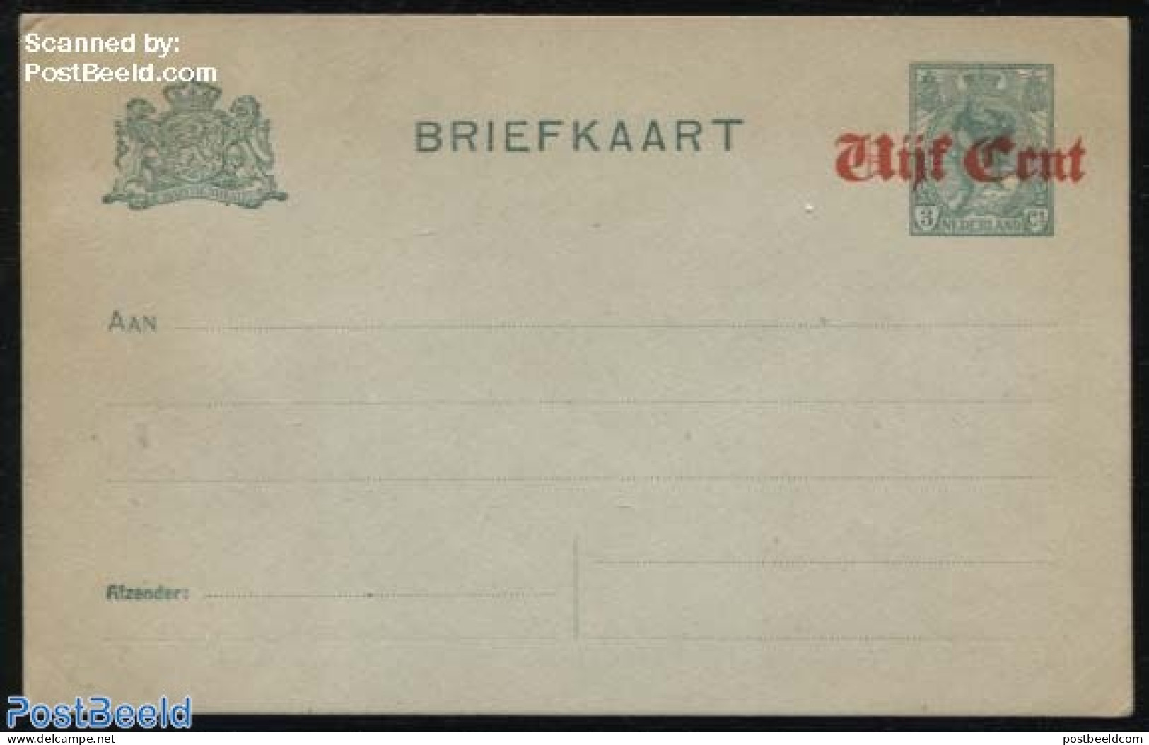 Netherlands 1920 Postcard Vijf Cent On 3c, Greenish Paper, Short Dividing Line, Unused Postal Stationary - Cartas & Documentos