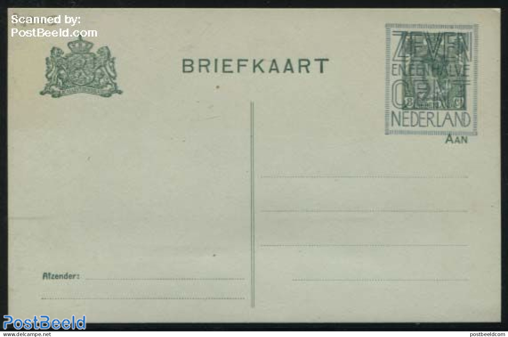 Netherlands 1921 Postcard 7.5c On 3c, Green Paper< Long Dividing Line, Unused Postal Stationary - Lettres & Documents