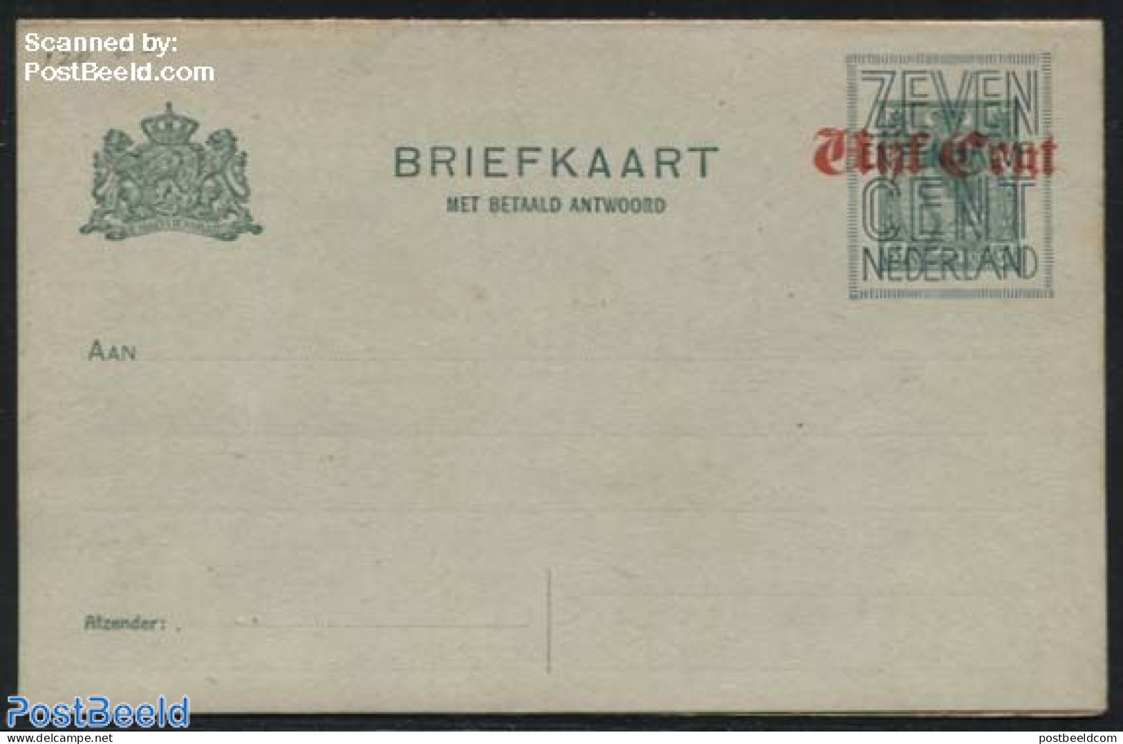 Netherlands 1921 Postcard With Paid Answer 7.5c On Vijf Cent On 3c, Greenish Paper, Short Dividing Line, Unused Postal.. - Cartas & Documentos
