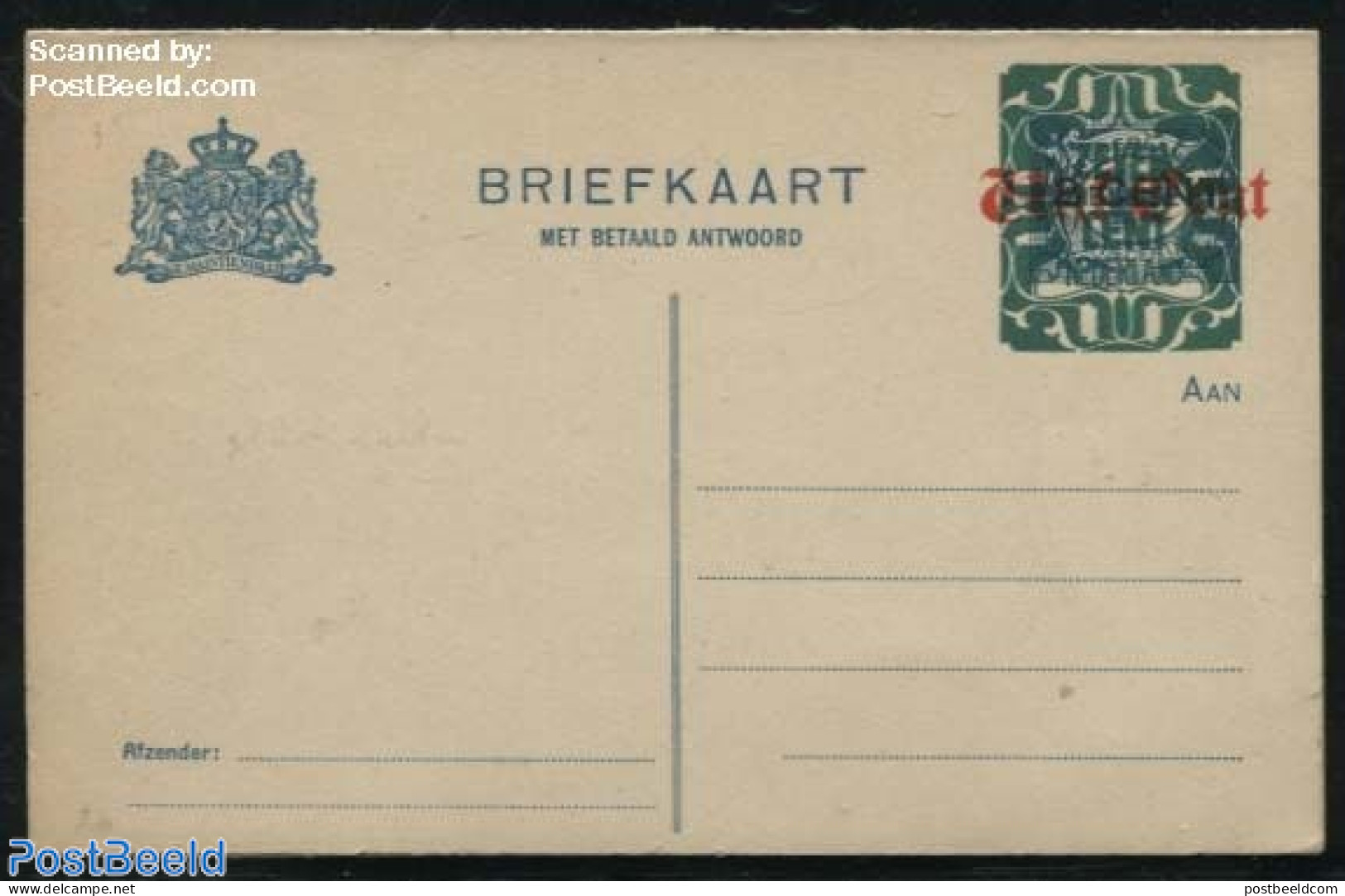 Netherlands 1921 Reply Paid Postcard 7.5c On Vijf Cent On 2CENT On 1.5c Blue, Long Dividing Line, Unused Postal Statio.. - Cartas & Documentos