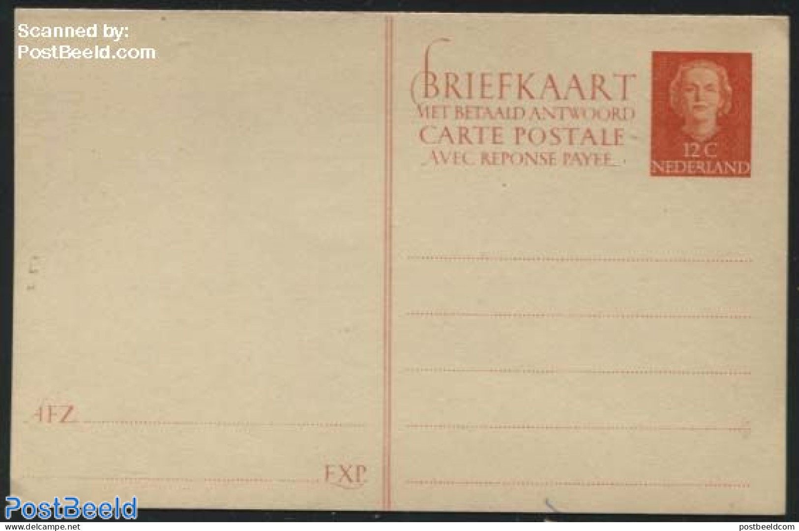 Netherlands 1950 Reply Paid Postcard 12+12c Orangered, Unused Postal Stationary - Covers & Documents
