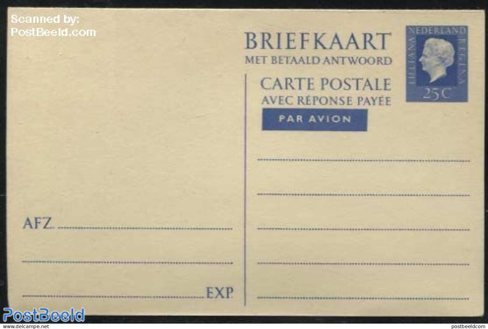 Netherlands 1969 Postcard With Paid Answer 25+25c Blue, Unused Postal Stationary - Covers & Documents