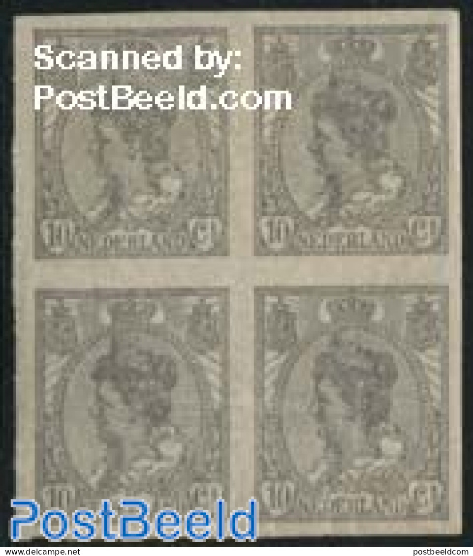Netherlands 1923 10c Grey, Imperforated Block Of 4 [+], Mint NH - Nuevos