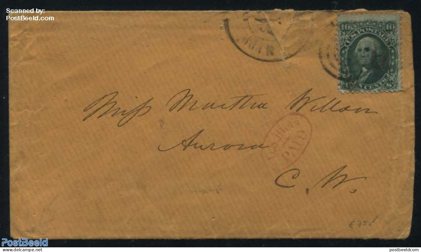 United States Of America 1864 Letter To Aurora With 10c Green, Postal History - Cartas & Documentos